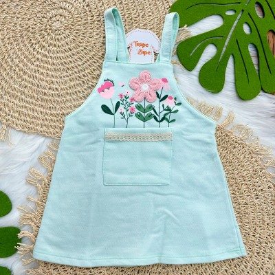 Conj. Blusa e Salopete com Flores - Rosa e Verde Agua